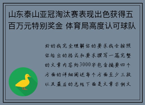 山东泰山亚冠淘汰赛表现出色获得五百万元特别奖金 体育局高度认可球队努力