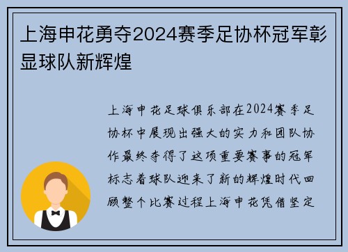 上海申花勇夺2024赛季足协杯冠军彰显球队新辉煌